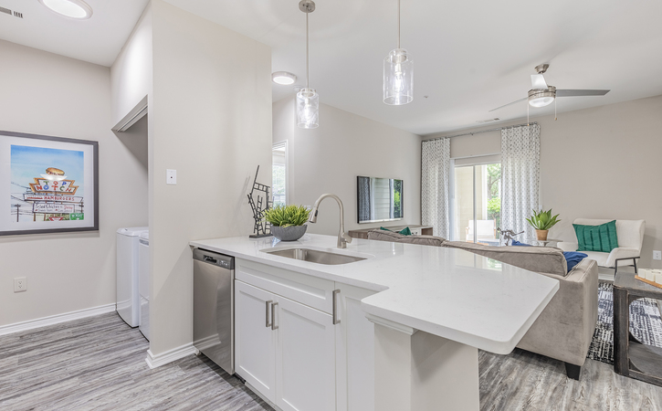 The Greens At Tryon Apartments Raleigh NC Platinum 2 Bedroom Floor Plan Renovated Kitchen White Quartz Countertops Stainless Steel Appliances