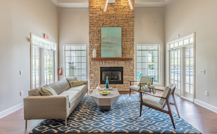 The Greens At Tryon Apartments in Raleigh NC Clubhouse Seating with Fireplace