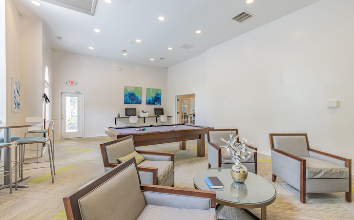 The Greens At Tryon Apartments in Raleigh NC Resident Clubhouse Billiard Table Lounge Seating