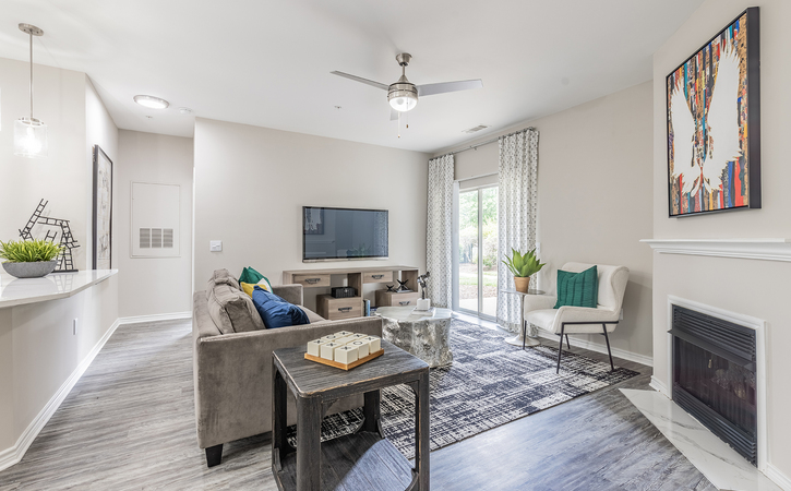 The Greens At Tryon Premium Apartments Raleigh NC Upgraded Platinum 2 Bedroom 2 and a Half Bathroom Floor Plan Living Room with Gas Log Fireplace